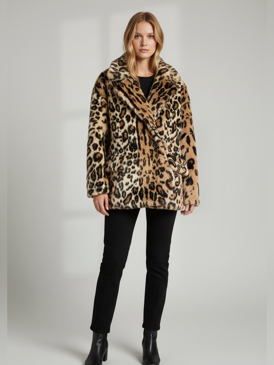 Free People “Kate” Faux Fur Leopard Print Double Breasted Coat Xs